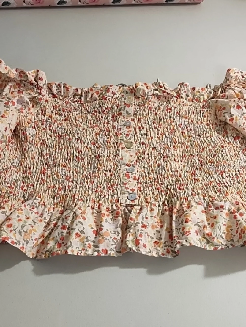 Zara Cotton Floral Off-the-Shoulder Smocked Ruffle Top